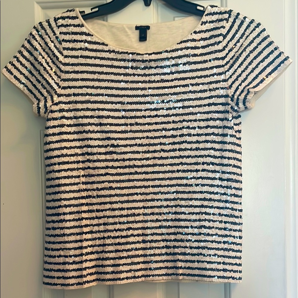 J Crew Striped Sequin Top - Black and Ivory